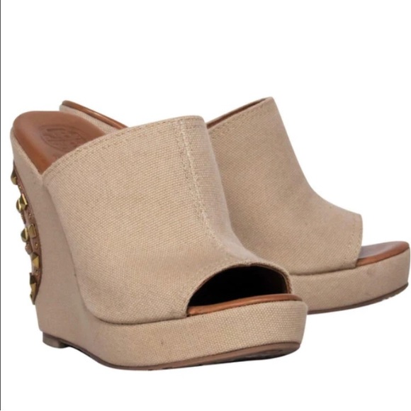 Tory Burch Meredith Studded Logo Wedges Canvas Natural - Picture 4 of 14